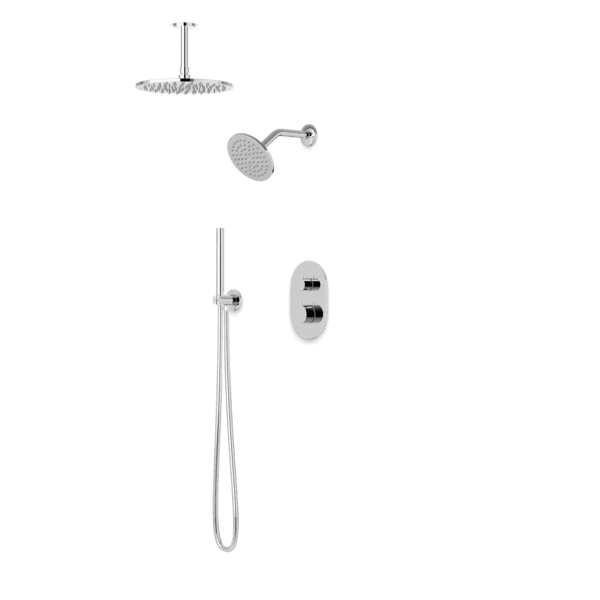 PS108 - Round Thermostatic Shower Trim Kit With Wall Mount Shower Head, Ceiling Mount Shower Head, Hand Held Shower