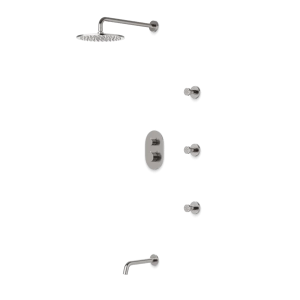 PS112 - Round Thermostatic Shower Trim Kit With Wall Mount Shower Head, Body Jets, Tub Filler - Image 2