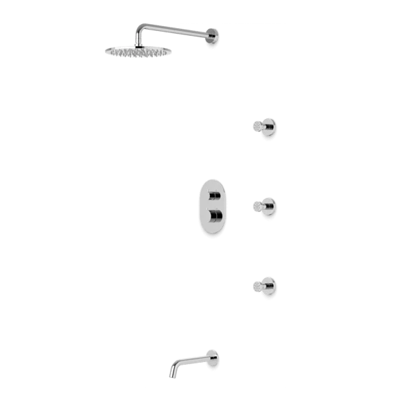 PS112 - Round Thermostatic Shower Trim Kit With Wall Mount Shower Head, Body Jets, Tub Filler