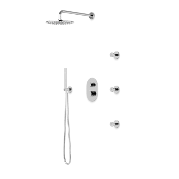 PS128 - Round Thermostatic Shower Trim Kit With Wall Mount Shower Head, Hand Held Shower, Body Jets