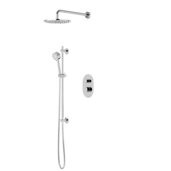 PS136 - Round Thermostatic Shower Trim Kit With Wall Mount Shower Head, Hand Held Shower On Slide Bar