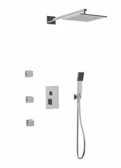 PS127 - Square Thermostatic Shower Trim Kit With Wall Mount Shower Head, Hand Held Shower, Body Jets
