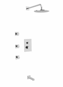 PS113 - Square & Round Thermostatic Shower Trim Kit With Wall Mount Shower Head, Body Jets, Tub Filler