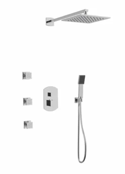 PS130 - Transitional Thermostatic Shower Trim Kit With Wall Mount Shower Head, Hand Held Shower, Body Jets