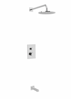 PS145 - Square & Round Thermostatic Shower Trim Kit With Wall Mount Shower Head, Tub Filler