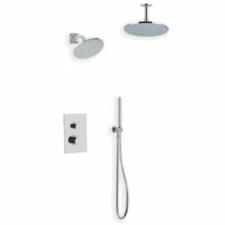 PS109 - Square & Round Thermostatic Shower Trim Kit With Wall Mount Shower Head, Ceiling Mount Shower Head, Hand Held Shower