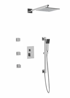 PS123 - Square Thermostatic Shower Trim Kit With Wall Mount Shower Head, Hand Held Shower On Slide Bar, Body Jets