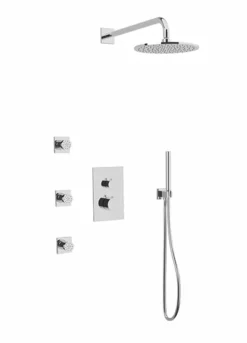 PS129 - Square & Round Thermostatic Shower Trim Kit With Wall Mount Shower Head, Hand Held Shower, Body Jets