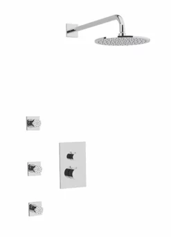 PS133 - Square & Round Thermostatic Shower Trim Kit With Wall Mount Shower Head, Body Jets