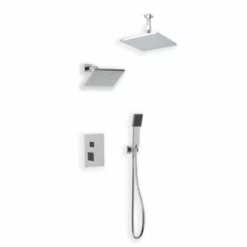 PS107 - Square Thermostatic Shower Trim Kit With Wall Mount Shower Head, Ceiling Mount Shower Head, Hand Held Shower