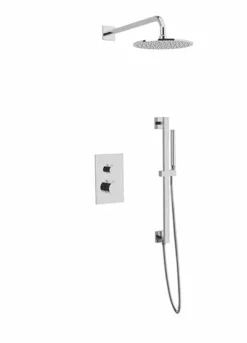 PS137 - Square & Round Thermostatic Shower Trim Kit With Wall Mount Shower Head, Hand Held Shower On Slide Bar